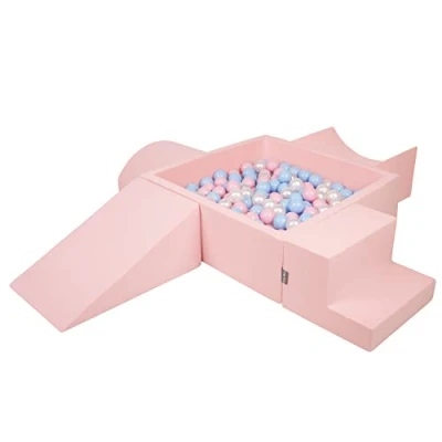 Immagine di KiddyMoon Area di Gioco in Schiuma con Quadrato Piscina Palline (200 Palline) per Bambini, Rosa:Azzurro/Rosa Claro/Perla