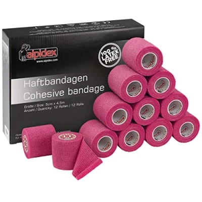 Immagine di ALPIDEX 12 Rotoli Benda Adesiva 5 cm x 4,5 m Molti Colori Bendaggio Coesivo Fasciatura Personi Animali Garza Elastica Autoadesivo Cavalli Cani Umani, Colore:rosa fucsia