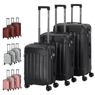 Immagine di Arebos valigia rigida con ruote in ABS serratura TSA e 4 Nero Set M+L+XL