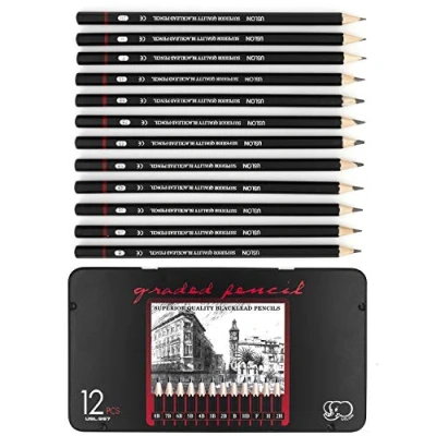 Immagine di Wosilan Set di 12 matite professionali da disegno, in grafite, con gradi durezza, una scatola metallo