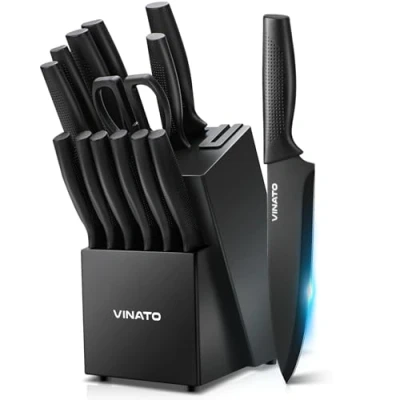 Immagine di VINATO Set Coltelli da Cucina, Coltello Cucina 14 Pezzi con Affilatore, Professionali Chef, in Acciaio Inox Manico Plastica e Ceppo Legno
