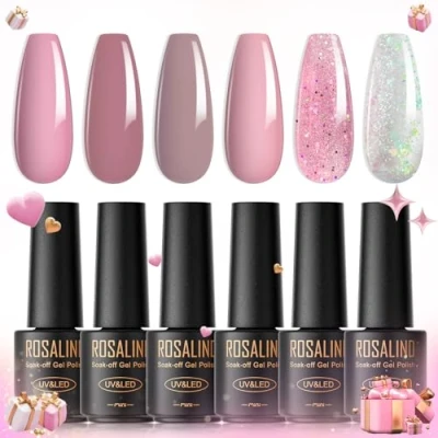 Immagine di ROSALIND Smalto Semipermanente, 6 Colori Mini Rosa Argento Glitterato Semipermanente Unghie, Soak Off UV/LED Lampada Per Unghie Diy Manicure Nail Art Set