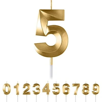 Immagine di Partyhausy candele di compleanno numeri, per torte, 3D, a forma diamante, numero 0, 1, 2, 3, 4, 5, 6, 7, 8, 9, decorazione torte (oro 5)