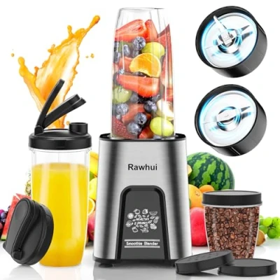 Immagine di Rawhui Frullatore Elettrico 800W, Portatile Blender per Smoothie, Mini Frullatori da Tavolo con 6 Lame in Acciaio Inox, Mixer Cucina 2 Bottiglie 600ml e Coperchi Viaggio, Senza BPA