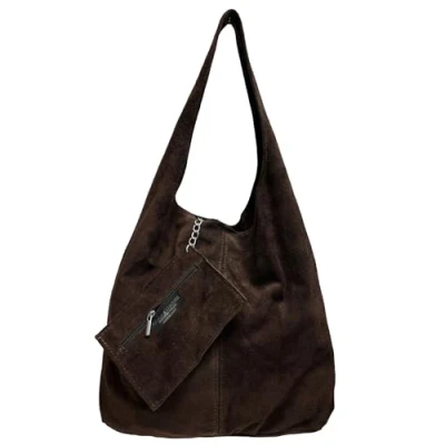 Immagine di Modarno borsa a tracolla da donna in pelle scamosciata pochette, tracolla, shopper, donna, vera (Marrone Scuro)