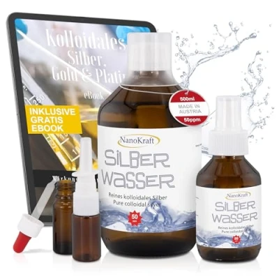 Immagine di Argento colloidale 500 ml / 50 ppm Acqua argentata con Flacone spray incluso nasale Bottiglia pipetta Misurino Alta concentrazione Migliore efficacia Made in Austria…