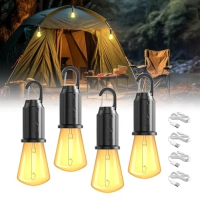 Immagine di BrightWish Lampada da campeggio a LED, ricaricabile, portatile, 4 pezzi, con 3 modalità di luminosità, IP65, impermeabile, accessorio per esterni, emergenza, interruzione