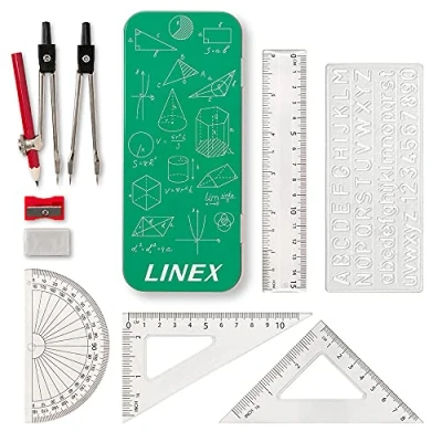 Immagine di Linex set di matematica per studenti, geometria in latta, 10 pezzi, bussola, goniometro