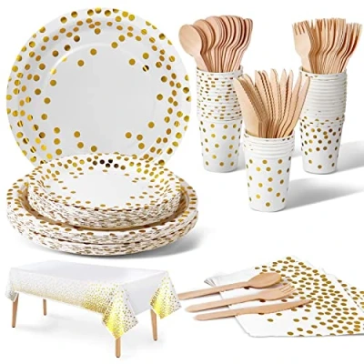 Immagine di Nkaiso Stoviglie per Feste Oro Bianco 141 Pezzi Carta Set Include Piatti di Tovaglioli Tazze stoviglie, Nuziale Doccia, Fidanzamento, Matrimonio, Compleanno(20 Ospiti)