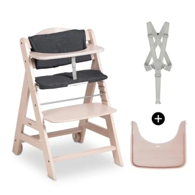 Immagine di hauck Seggiolone Pappa in Legno Beta+ Cert.FSC®, Con Cuscino, Cintura a 5 Punti, Vassoio e Ruote Dai 6 mesi fino 90 kg Whitewashed