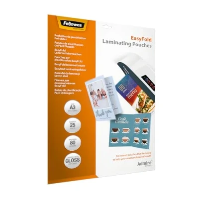 Immagine di Fellowes Pouches per plastificazione documenti, formato A3, Finitura lucida, confezione da 25 pezzi, 160 micron, 2x80 di alta qualità, adatti menù, cartelli e istruzioni