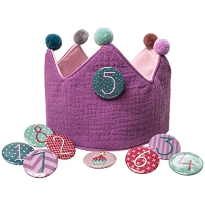 Immagine di Papierdrachen corona di compleanno in mussola con numeri viola per il dei bambini bottoni da 1 a 8 cappello decorativo feste ragazzi e ragazze