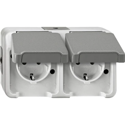 Immagine di Merten 2 vie Interruttore per ambienti umidi Completo Presa schuko con coperchio ribaltabile AQUASTAR Grigio luminescente 4074947