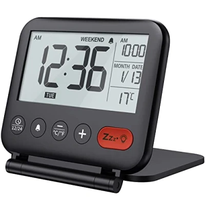 Immagine di NOKLEAD Sveglia da viaggio digitale Mini orologio display LCD portatile retroilluminazione Calendario Temperatura Snooze Specchio per il trucco, pieghevole camera letto (nero)