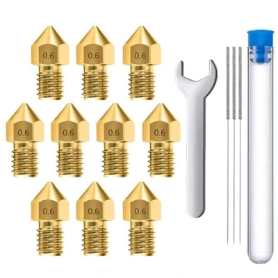 Immagine di MMOBIEL 10 pz. ugelli estrusore per stampante 3D MK8 in ottone da 0,6 mm compatibile con serie Creality Ender 3, 5, CR 10/10S, Makerbot, inclusi 3 aghi pulizia e chiave