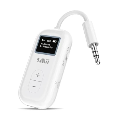 Immagine di 1Mii SafeFly Dual Trasmettitore Bluetooth 5.3 con display OLED per un massimo di 2 cuffie wireless AirPods, aptX HD/AD/LL, utilizzo jack audio da 3,5 mm su aerei/palestra/TV/iPad/tablet