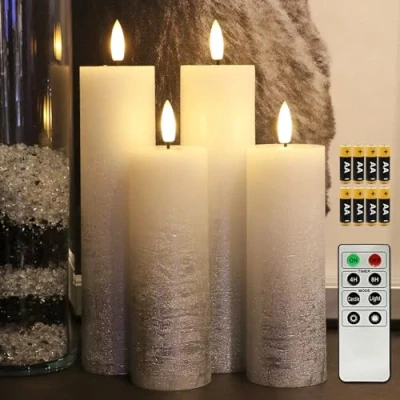 Immagine di Fanna Set di 4 Candele Pilastro LED a Pile con Effetto Ombré Argento, Natale Decorazione luminosa Uso Interno, H 18 cm / 23cm