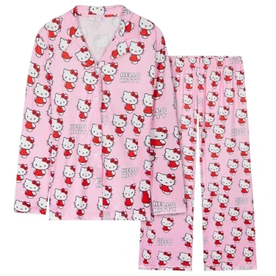 Immagine di Hello Kitty Pigiama Lungo Donna, Classico Bottone Basso Abbigliamento da Notte (Rosa, L)