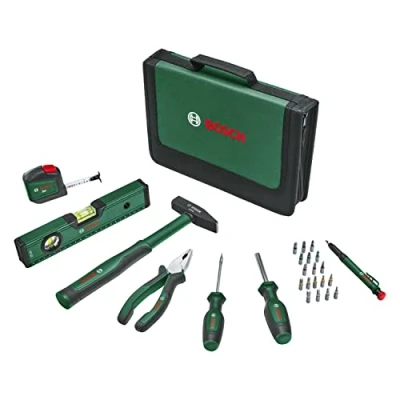 Immagine di Bosch Home and Garden Set di utensili manuali universali, 25 pezzi (kit attrezzi versatile per uso generico fai da te in tutta la casa; pinze combinate; metro a nastro; livella bolla, martello