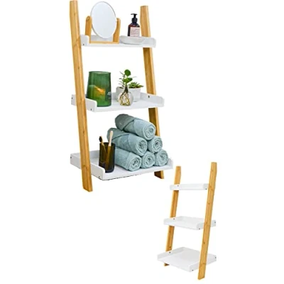 Immagine di DuneDesign Scaffale a Scaletta di Bambù 45x90 Scala Legno Decorativa Mensola da Bagno Bianca