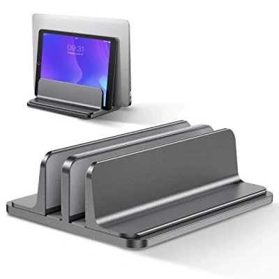 Immagine di Bewahly Supporto Verticale per Laptop, Salvaspazio PC Portatile in Alluminio, Regolabile Doppio Slot Porta MacBook PRO/Air, iPad, Notebook, Laptop Stand (Grigio)