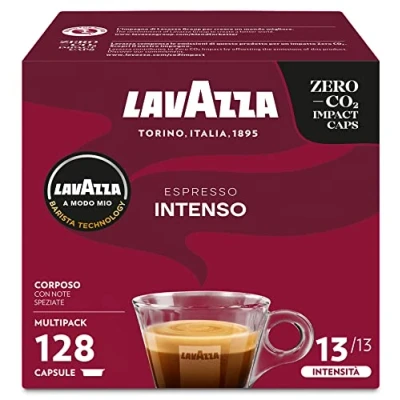Immagine di Lavazza A Modo Mio Espresso Intenso, 128 Capsule Caffè, per un con Note di Cacao e Spezie, Arabica Robusta, Intensità 13/13, Tostatura Media, 8 Confezioni x 16 [Esclusiva Amazon]