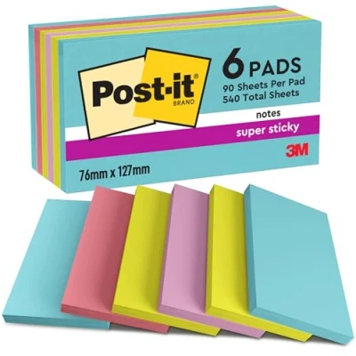 Immagine di Post it Nota adesiva, memo 6556SMI 127 mm x 76 Turchese, Verde neon, Rosa Rosso papavero 540 Foglio