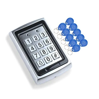 Immagine di HFeng Lettore di schede EM con tastiera controllo accessi in metallo RFID 10 portachiavi EM4100 + copertura protettiva impermeabile per sistema porta (Keypad+10 keys)