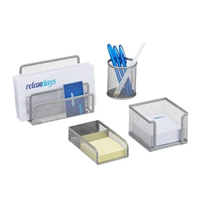 Immagine di Relaxdays Set da Scrivania Ufficio, 4 Accessori Portacarte, Portapenne, Contenitore Foglietti e Graffette, Mesh, Argento