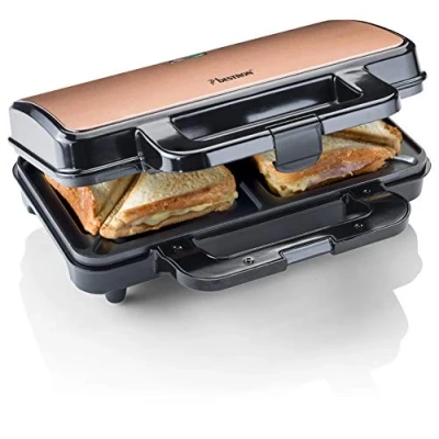 Immagine di Bestron XL macchina per sandwich, tostapane con rivestimento antiaderente 2 controllo automatico della temperatura e indicatore di pronto, collezione Copper Collection, colore: Rame