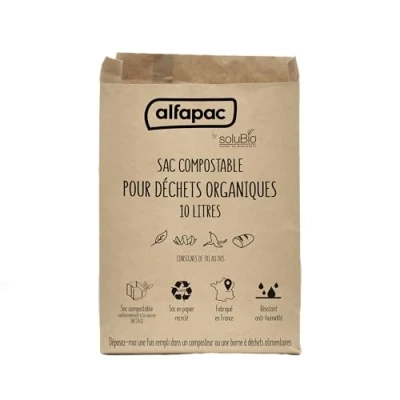 Immagine di alfapac BY SOLUBIO sacchetti compostabili in carta kraft, per rifiuti organici, kraft riciclata al 100%, anti umidità, fabbricazione francese, 10 x L