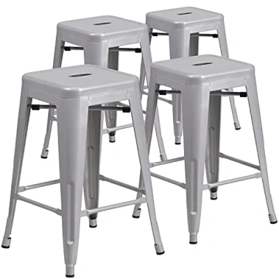 Immagine di Flash Furniture Sgabelli da bar, set 4 unità, qualità professionale, senza schienale, per interni ed esterni, con seduta quadrata, in plastica e acciaio zincato, 61 cm di altezza, argento