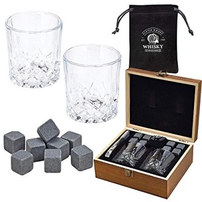 Immagine di WOMA Set di 8 cubetti raffreddamento in basalto con 2 bicchieri da whisky e pinze acciaio inox scatola legno alta qualità, ghiaccio riutilizzabili per whisky, vodka gin rum,