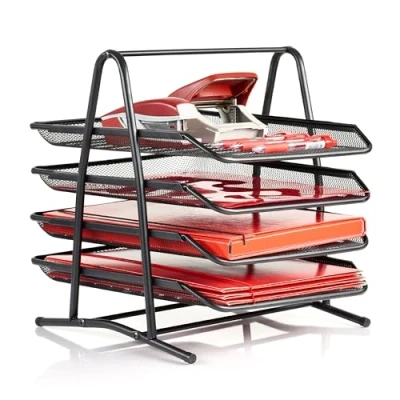 Immagine di AMECO Portadocumenti in metallo con 4 scomparti, per scrivania, organizzatore ufficio, 29 x 35 33,5 cm, colore nero