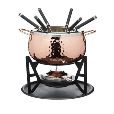 Immagine di Artesà Set per Fonduta con 6 Forchette e Ciotola in Acciaio Inox, Ceramica, Supporto Metallo Bruciatore a Doppio Combustibile Cioccolato, Formaggio o Carne