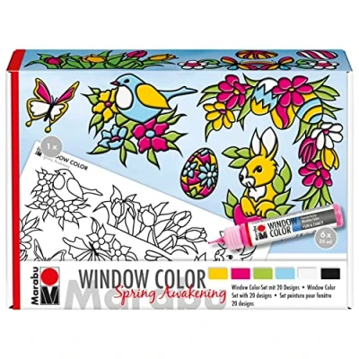 Immagine di Marabu 0406000013909 Window Color Fun &amp; Fancy Spring Awakening finestre a Base d&#039;Acqua, 6 Penne x 25 ml di Vernice, 2 Fogli Pittura A5 e A3, Singolo, Multicolore, s,