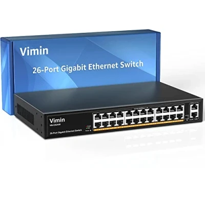 Immagine di switch Ethernet Gigabit a 24 porte VIMIN con 2 uplink da 1000 Mbps, di rete non gestito 26 supporto IEEE802.3af/at, VLAN, case in metallo, desktop, plug and play