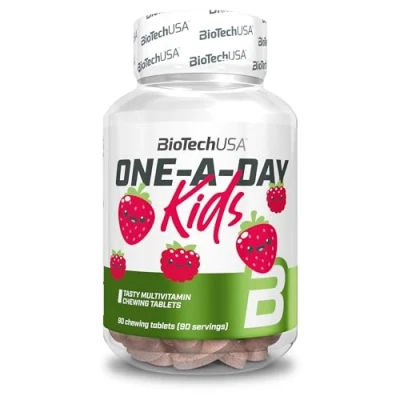 Immagine di BioTechUSA One A Day Kids Integratore alimentare multivitaminico aromatizzato Compressa masticabile Con minerali ed edulcorante partire dai 4 anni di età 90 compresse, Fragola raspillo