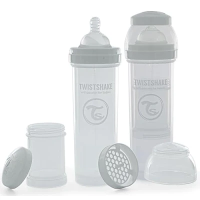 Immagine di Twistshake 2x Biberon Anticolica Con Contenitore Per Il Latte In Polvere E Miscelatore 330ml, Tettarella Silicone A Flusso Rapido, Senza BPA, 4+Mesi, Bianco