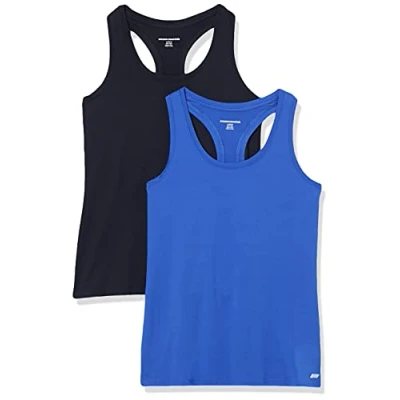 Immagine di Amazon Essentials Canotta Vogatore Tecnica Elasticizzata (Disponibile in Taglie Forti) Donna, Pacco da 2, Bluette/Nero, XXL