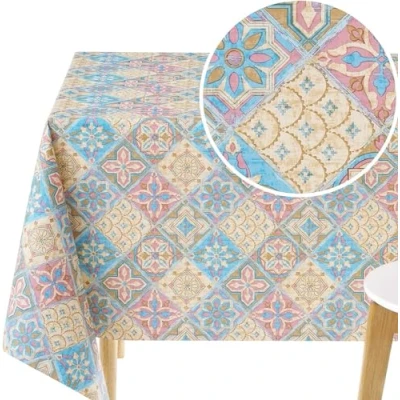 Immagine di KP HOME tovaglia in PVC facile da pulire con piastrelle di Lisbona, vinile rosa, beige, blu, quadrata, 140 x cm, azulejo portoghese per 4 posti, 139,7 cm