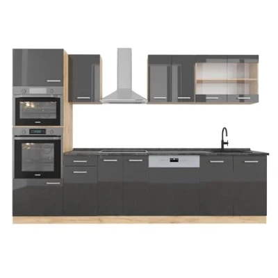 Immagine di Vicco cucina componibile R line, Antracite lucido/oro power oak, 300 cm con armadio alto, PL