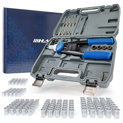 Immagine di HASKYY Rivettatrice I Dado a Rivetto con M5, M6, M8, M10, M12 Impugnatura in TPR Risparmio Energetico Adatta per Acciaio Spessore 2 3 mm 150 dadi rivetti Chiave Incorporata 5 Mandrini