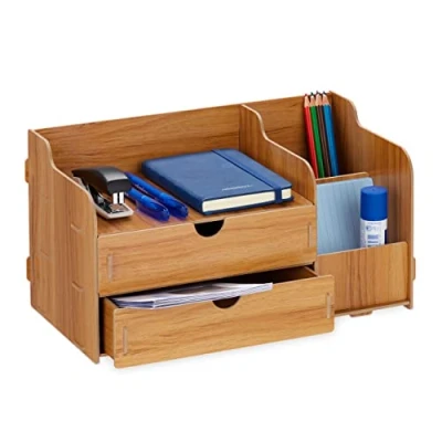 Immagine di Relaxdays Portadocumenti da Scrivania, 3 Scomparti 2 Cassetti, Portapenne 17x33x19 cm, Ufficio e Scuola, Marrone Scuro