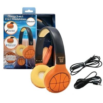 Immagine di Lexibook, Basket, Cuffie Bluetooth e cablate 2 in 1 con microfono pulsante di controllo, pieghevoli regolabili, batteria ricaricabile a lunga durata, arancione, HPBT010BA