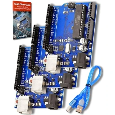 Immagine di AZDelivery 3 x Scheda Microcontrollore AZ ATmega328DIP Board typ2 ATmega328P 16U2 con Cavo USB, E Book incluso!
