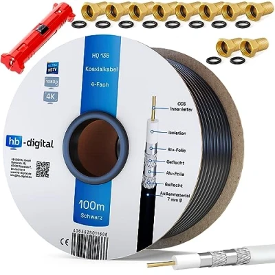 Immagine di HB DIGITAL 100m SAT Cavo coassiale HQ 135dB PRO incl. pinze spelafili + 10 connettori F placcati in oro antenna satellitare 4 volte schermato per sistemi radio BK DVB S/S2 C/C2 T/T2 DAB+