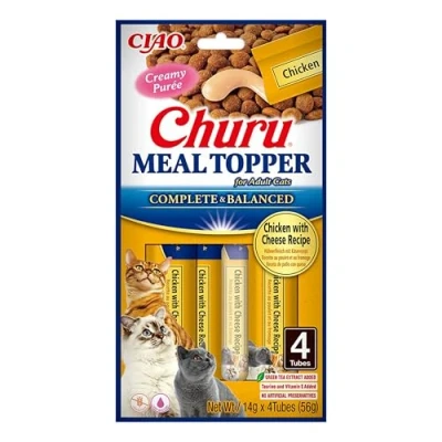 Immagine di INABA Churu Meal Topper, Snack per Gatti Cremoso con Pollo e Formaggio 1 Pack (4 Stick x 14gr) Condimento Cibo Secco Gatto Senza Conservanti o Coloranti Artificiali, Grain Free