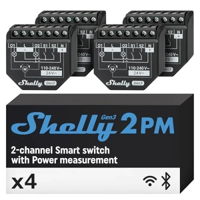 Immagine di Shelly 2PM Gen3, Interruttore intelligente per tapparelle, Misurazione della potenza, 2 canali 16A, Wi Fi Bluetooth, Controllo di tende/tapparelle motorizzate, Alexa/Google Home, iOS/Android (4 pezzi)