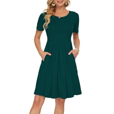 Immagine di AUSELILY Abito Casual da Donna a Pieghe Manica Corta con Scollo V e Lunghezza al Ginocchio Verde Scuro,M